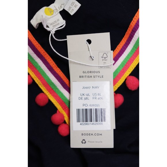 NWT Boden Pom Pom Trim Jersey V-Neck Dress Sleeveless Woven Stripe Navy Marine 8 - Picture 6 of 9